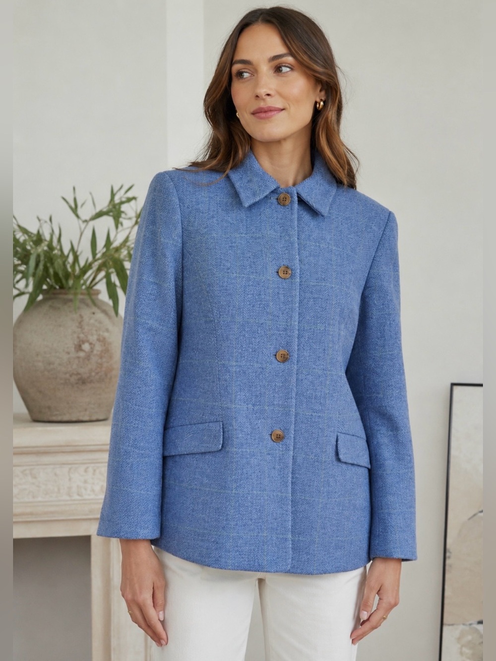 Lands'End Women's 100% Wool Blazer Jacket Blue Herringbone Plaid Size 16P Work